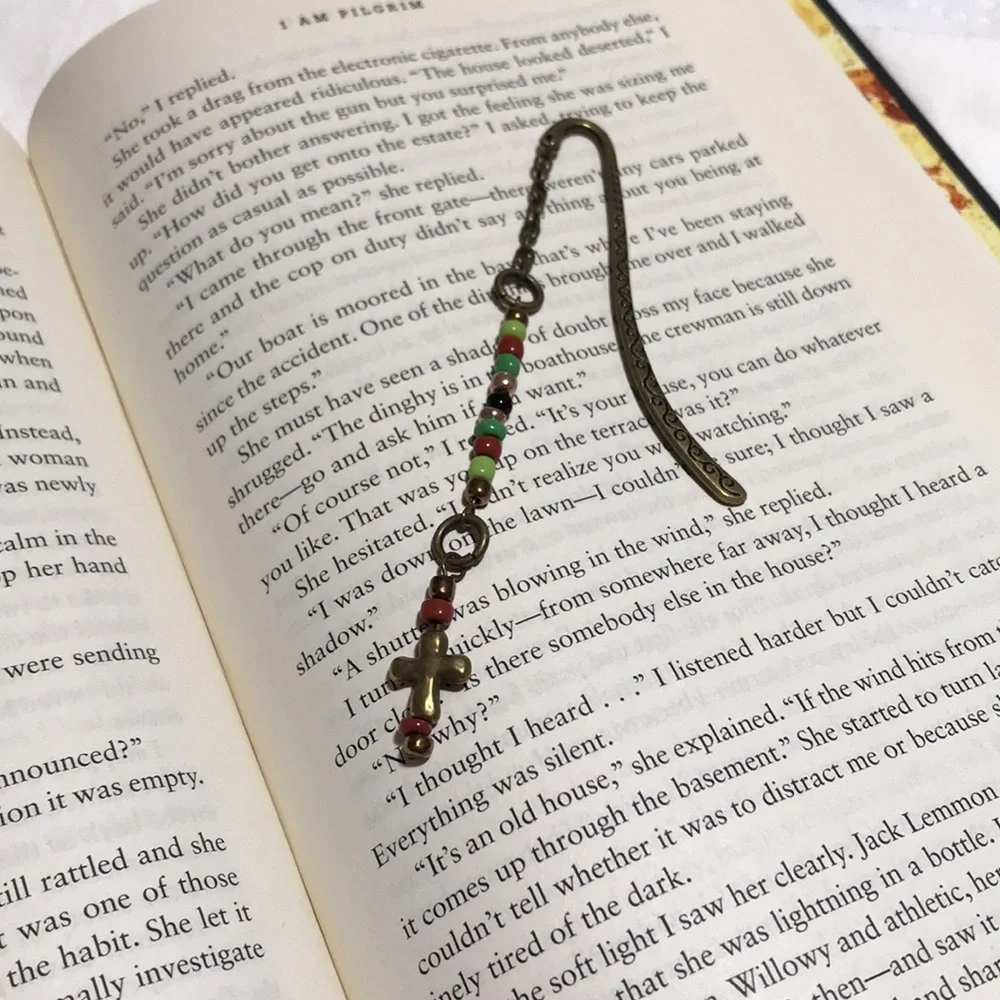 Metal Shepherd's Hook Bookmark w/Chain, Metal Cross Bead, & Glass Seed Beads